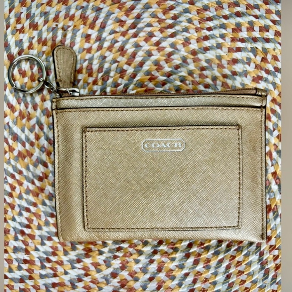 Coach Saffiano Leather Skinny ID Wallet Keychain in Gold Tone